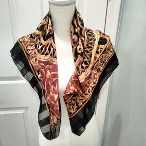 Sheer Scarf, Gold, Black, Burgundy Medallion Pattern, 34" Square, Polyester, New